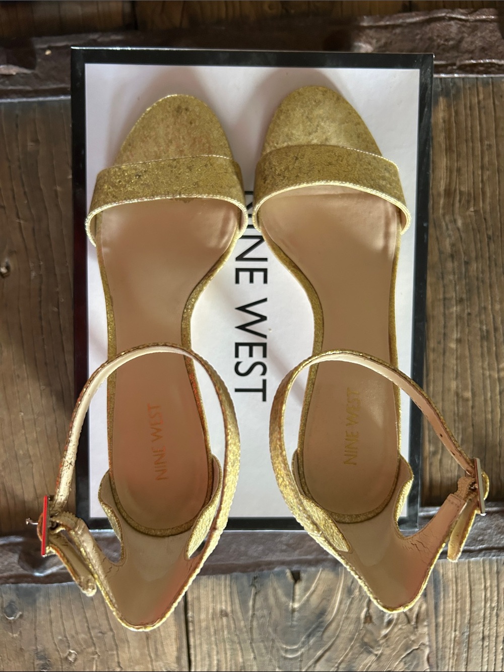 Nine West Glitter Gold Ankle Strap Kitten Heels - Picture 5 of 10